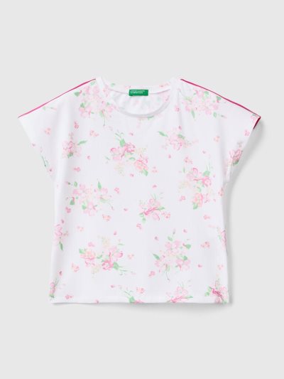 Kids' Benetton Floral Print Short Sleeve T-shirts White | NZ143591