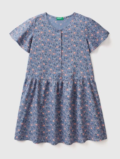 Kids' Benetton Floral Sustainable Viscose Dress Air Force Blue | NZ098380