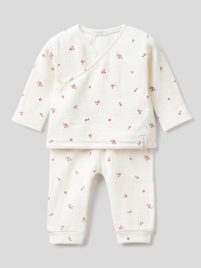 Kids' Benetton Floral T-shirt And Trousers Outfit Dungarees Creamy White | NZ156915