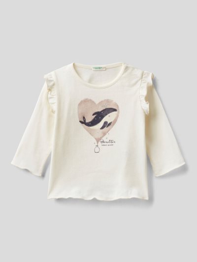 Kids' Benetton Glitter Print T Shirts Creamy White | NZ216121