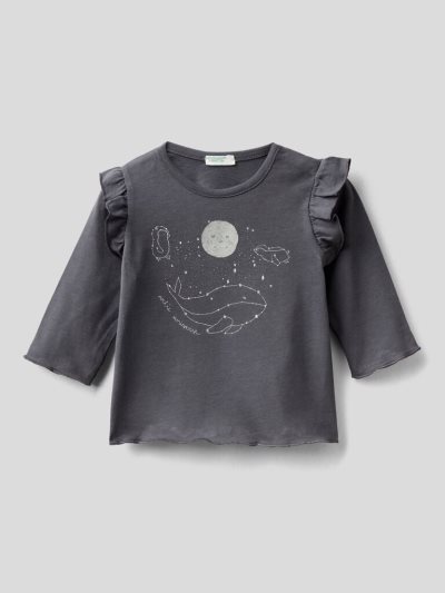 Kids' Benetton Glitter Print T Shirts Dark Grey | NZ140199