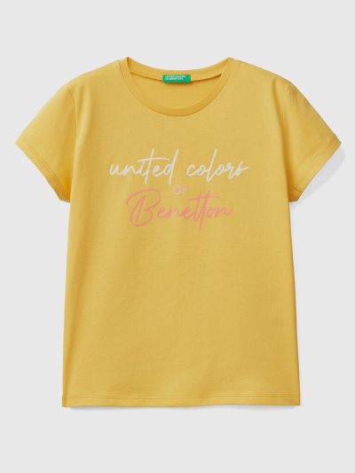 Kids' Benetton Glittery Logo Organic Cotton Short Sleeve T-shirts Yellow | NZ131392