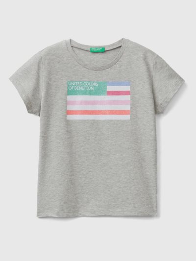 Kids' Benetton Glittery Logo Organic Cotton Short Sleeve T-shirts Light Grey | NZ198764