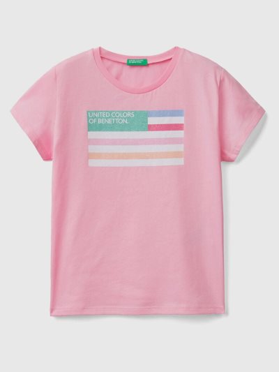 Kids' Benetton Glittery Logo Organic Cotton Short Sleeve T-shirts Pink | NZ321749