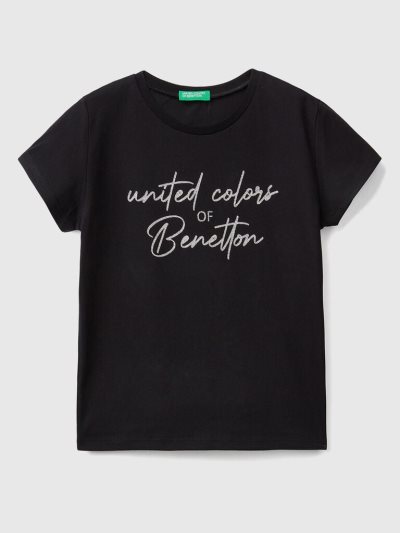 Kids' Benetton Glittery Logo Organic Cotton Short Sleeve T-shirts Black | NZ351616