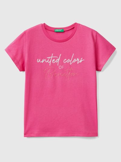 Kids' Benetton Glittery Logo Organic Cotton Short Sleeve T-shirts Fuchsia | NZ594358
