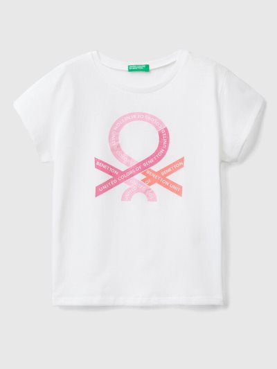 Kids' Benetton Glittery Logo Organic Cotton Short Sleeve T-shirts White | NZ622197