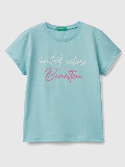 Kids' Benetton Glittery Logo Organic Cotton Short Sleeve T-shirts Aqua | NZ632420