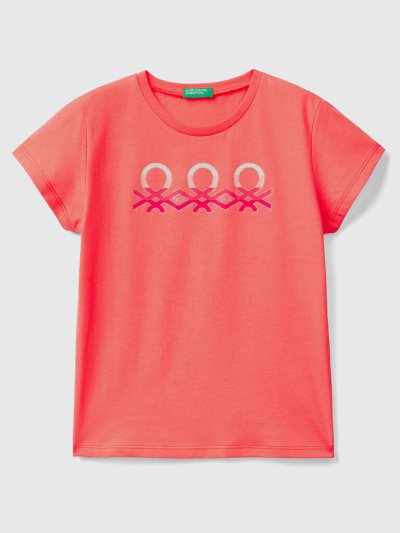 Kids' Benetton Glittery Logo Organic Cotton Short Sleeve T-shirts Orange Coral | NZ665521