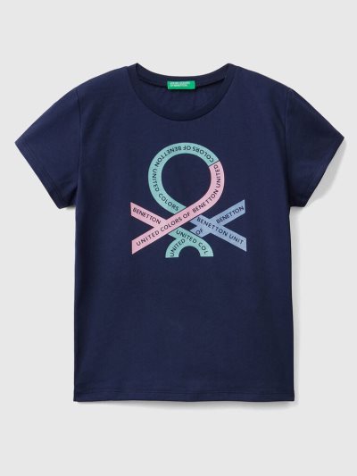 Kids' Benetton Glittery Logo Organic Cotton Short Sleeve T-shirts Dark Blue | NZ973391