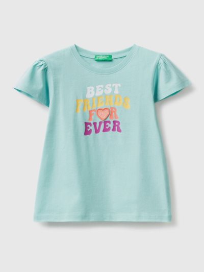 Kids' Benetton Glittery Print And Patch Short Sleeve T-shirts Aqua | NZ095447
