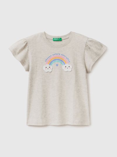 Kids' Benetton Glittery Print And Patch Short Sleeve T-shirts Light Grey | NZ159221