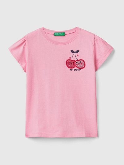 Kids' Benetton Glittery Print And Patch Short Sleeve T-shirts Pink | NZ429561