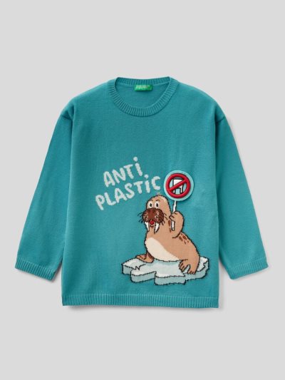 Kids' Benetton Inlay And Applique Sweaters Teal | NZ285233