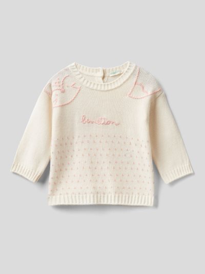 Kids' Benetton Jacquard Embroidery Sweaters Creamy White | NZ288612