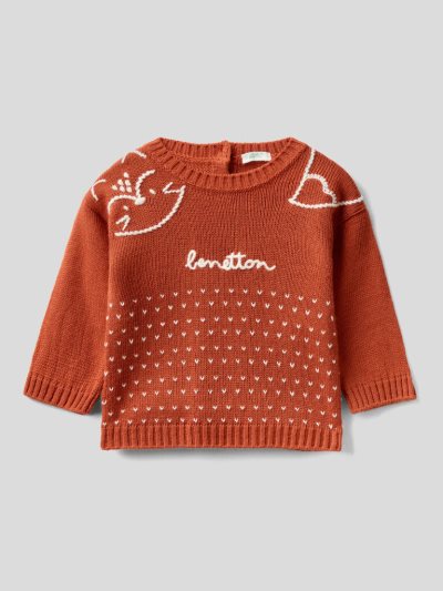 Kids' Benetton Jacquard Embroidery Sweaters Burnt | NZ918218