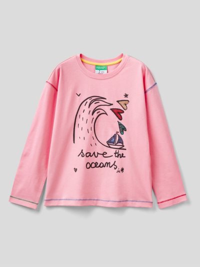 Kids' Benetton Jccxucb Print Long Sleeve T-shirts Pink | NZ659196