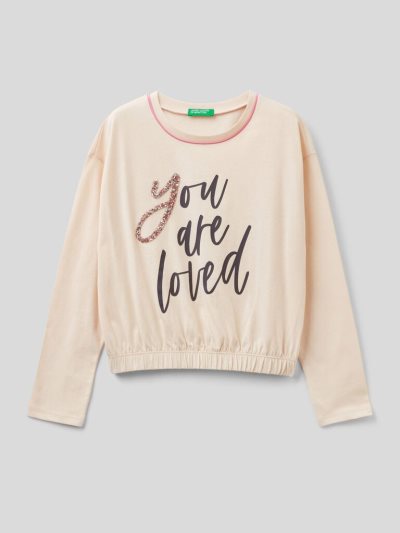Kids' Benetton Jeweled Details Long Sleeve T-shirts Creamy White | NZ415026