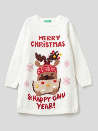 Kids' Benetton Knit Christmas Dress Creamy White | NZ331756