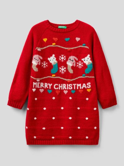 Kids' Benetton Knit Christmas Dress Red | NZ708652