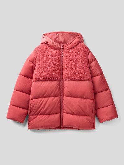 Kids' Benetton Long Nylon And Fur Padded Jackets Strawberry | NZ120861