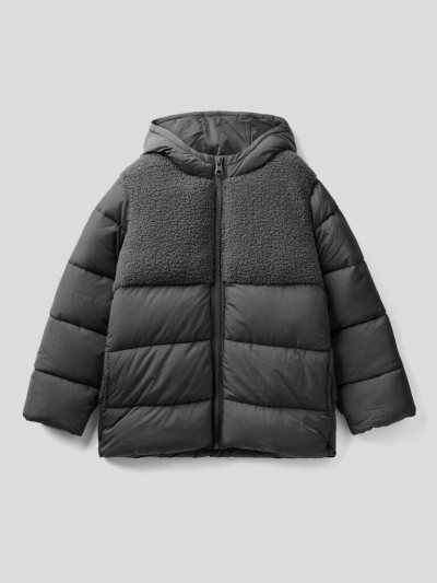 Kids' Benetton Long Nylon And Fur Padded Jackets Dark Grey | NZ869558