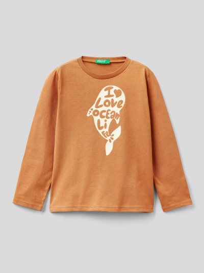 Kids' Benetton Long Sleeve 100% Cotton T Shirts Camel | NZ009199