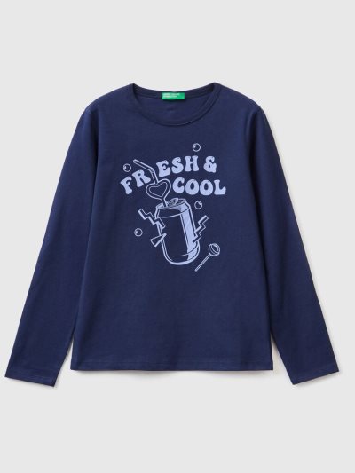 Kids' Benetton Long Sleeve 100% Cotton T Shirts Dark Blue | NZ325262