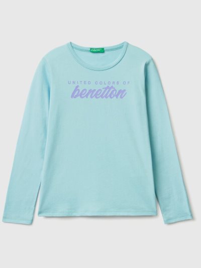Kids' Benetton Long Sleeve 100% Cotton T Shirts Aqua | NZ489335