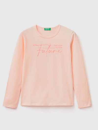 Kids' Benetton Long Sleeve 100% Cotton T Shirts Soft Pink | NZ917606