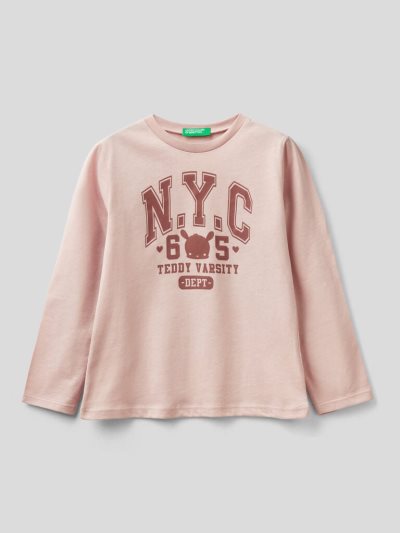 Kids' Benetton Long Sleeve 100% Cotton T Shirts Pastel Pink | NZ924547