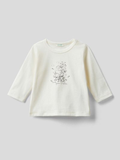 Kids' Benetton Long Sleeve 100% Organic Cotton T Shirts Creamy White | NZ149400