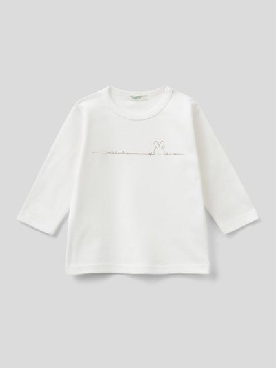 Kids' Benetton Long Sleeve 100% Organic Cotton T Shirts Creamy White | NZ650029