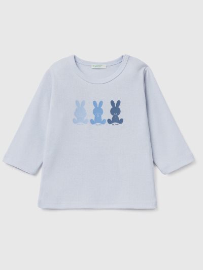 Kids' Benetton Long Sleeve 100% Organic Cotton T Shirts Sky Blue | NZ809345