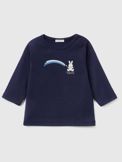 Kids' Benetton Long Sleeve 100% Organic Cotton T Shirts Dark Blue | NZ918025