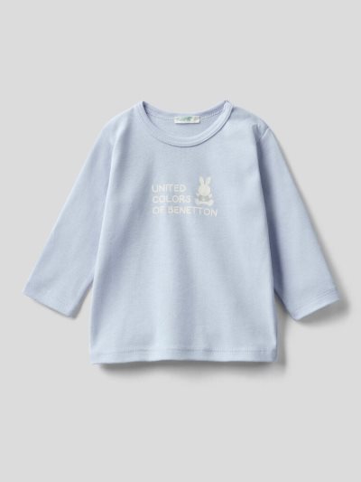 Kids' Benetton Long Sleeve 100% Organic Cotton T Shirts Sky Blue | NZ979406