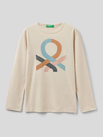 Kids' Benetton Long Sleeve Glitter Print T Shirts Creamy White | NZ109378