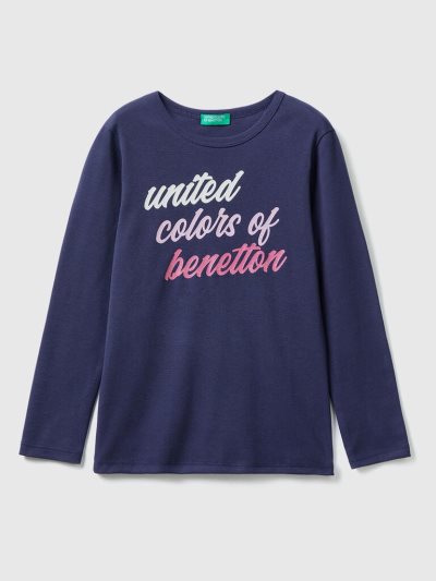 Kids' Benetton Long Sleeve Glitter Print T Shirts Dark Blue | NZ166768