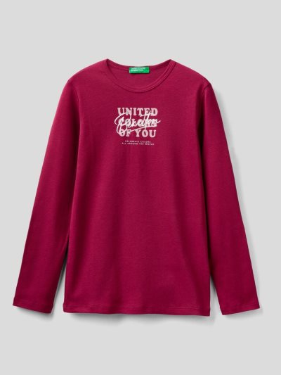 Kids' Benetton Long Sleeve Glitter Print T Shirts Burgundy | NZ172713