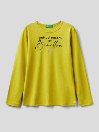 Kids' Benetton Long Sleeve Glitter Print T Shirts Yellow | NZ252117