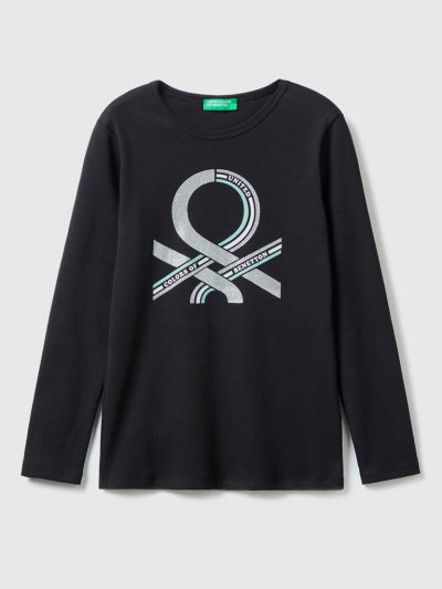 Kids' Benetton Long Sleeve Glitter Print T Shirts Black | NZ255719