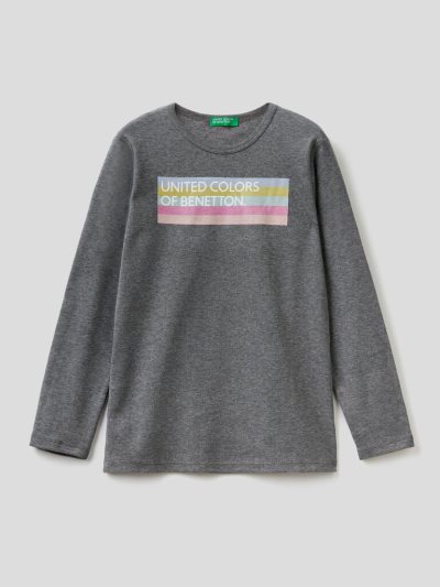 Kids' Benetton Long Sleeve Glitter Print T Shirts Dark Grey | NZ329383