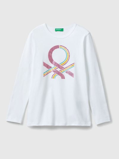 Kids' Benetton Long Sleeve Glitter Print T Shirts White | NZ378621