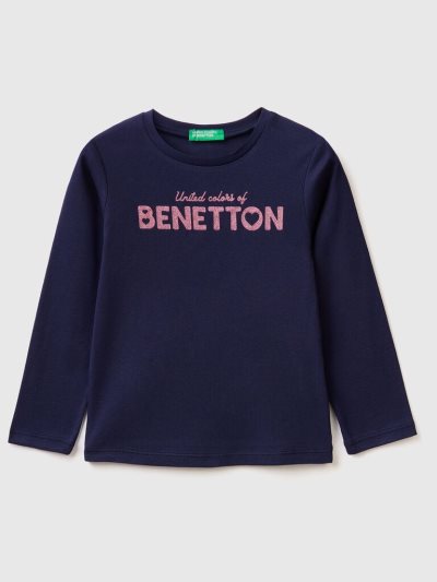 Kids' Benetton Long Sleeve Glitter Print T Shirts Dark Blue | NZ408991