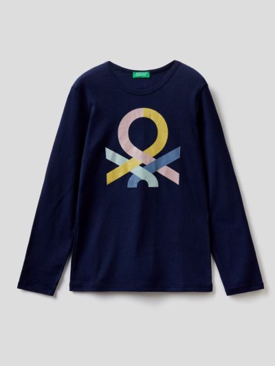 Kids' Benetton Long Sleeve Glitter Print T Shirts Dark Blue | NZ577887