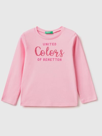 Kids' Benetton Long Sleeve Glitter Print T Shirts Pink | NZ633486