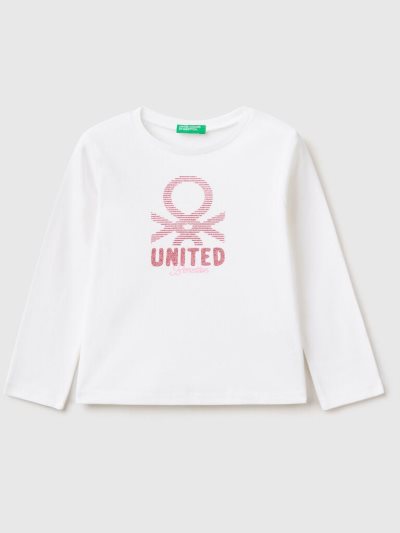 Kids' Benetton Long Sleeve Glitter Print T Shirts White | NZ666975