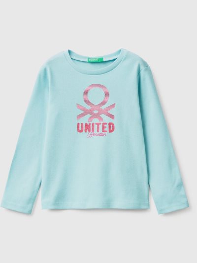 Kids' Benetton Long Sleeve Glitter Print T Shirts Aqua | NZ859117