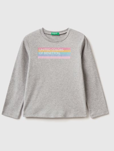Kids' Benetton Long Sleeve Glitter Print T Shirts Light Grey | NZ914205