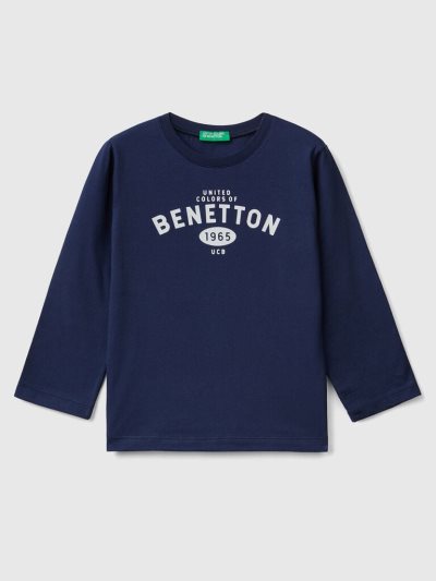 Kids' Benetton Long Sleeve Logo T Shirts Dark Blue | NZ547106